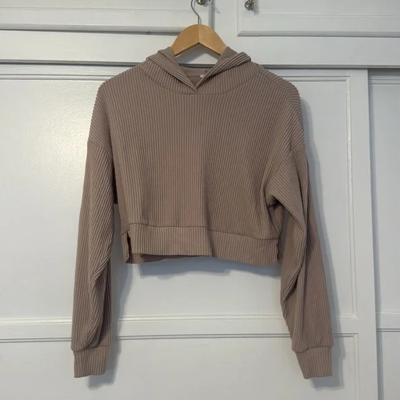 Alo Yoga Muse Ribbed Cropped Longsleeve Hoodie Dusty Pink S - Picture 3 of 6